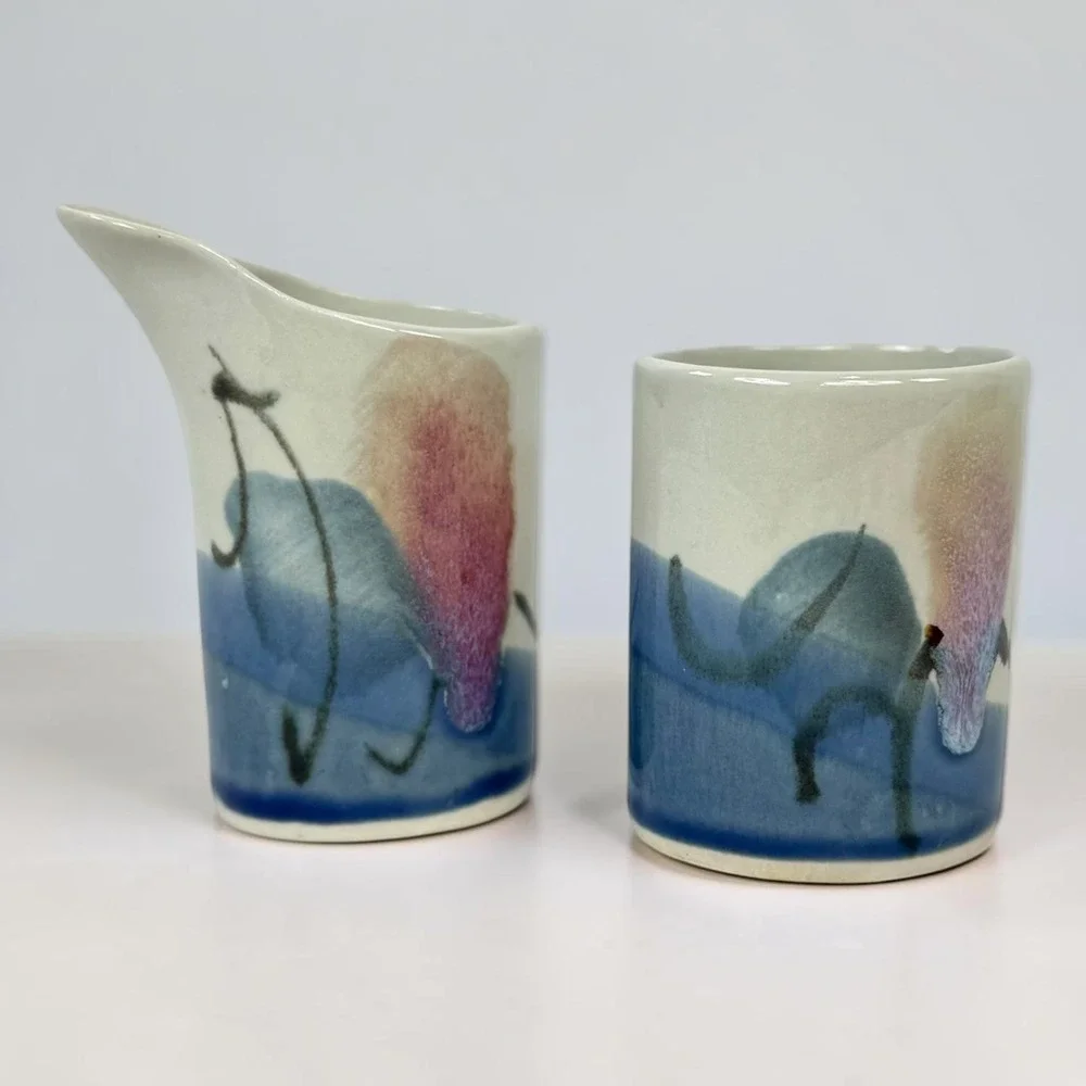 Vintage Jerry Pollari Studio Pottery Creamer Sugar Set Signed Oregon Ceramic